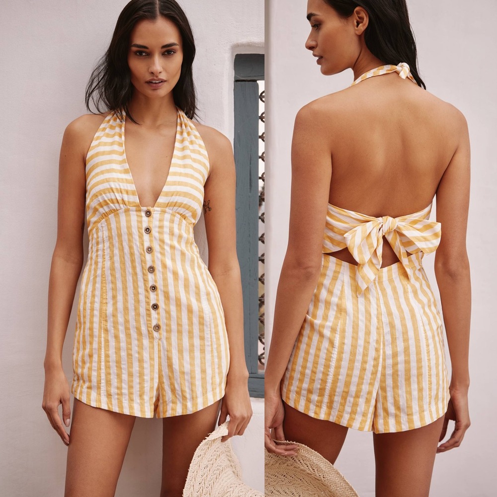 Celandine Anthropologie‎ Striped Romper Yellow White Small NEW | open back retro